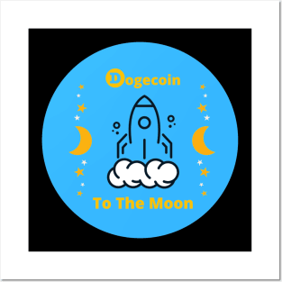 Dogecoin to the Moon and Stars Blue Background Posters and Art